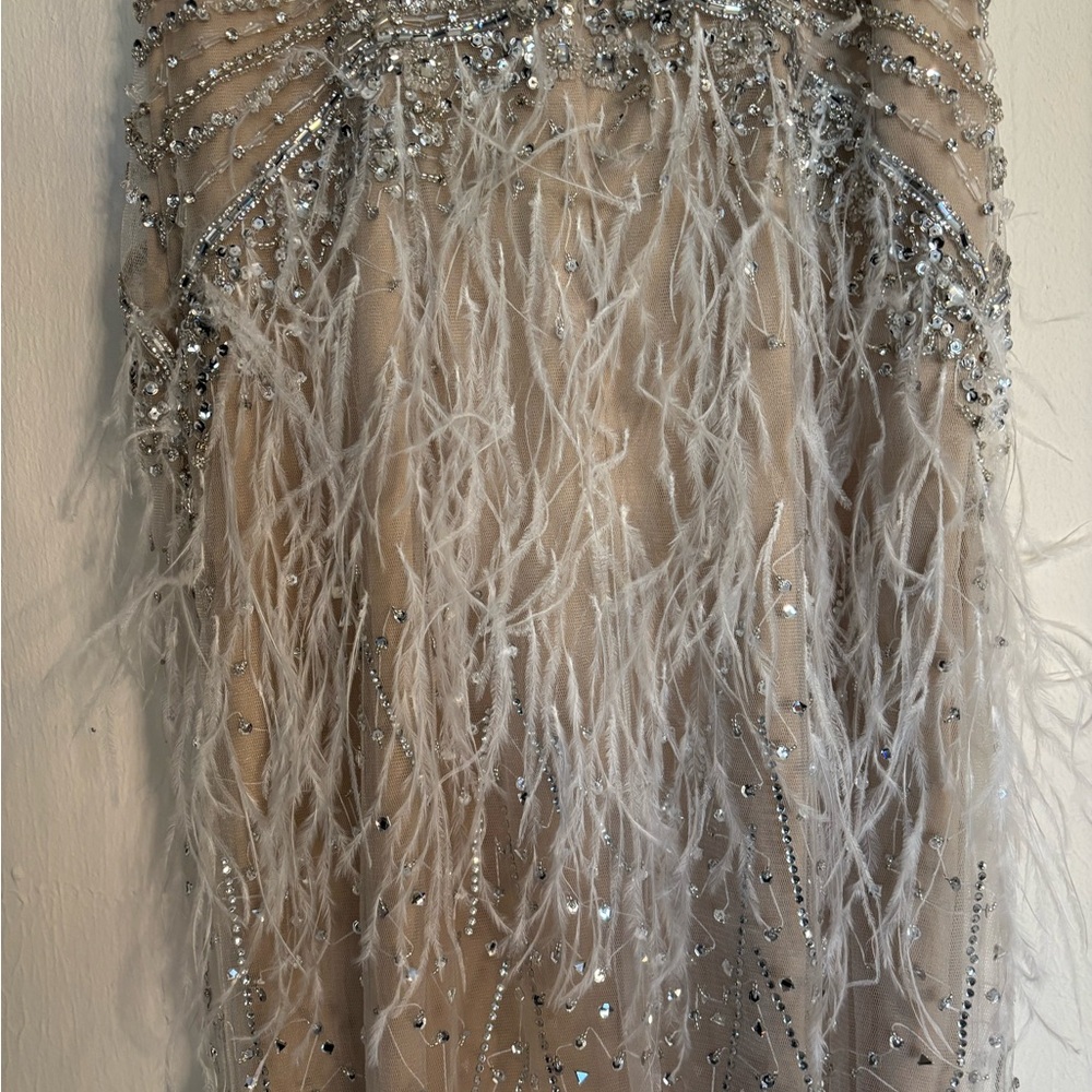 Jovani Silver and Cream Feathered Prom Dress - Picture 3 of 5